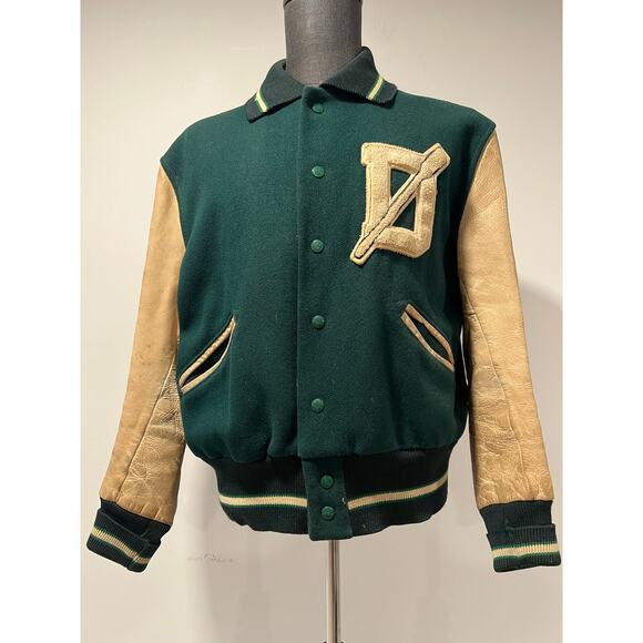 Men's Varsity Letterman Bomber Jacket Green Yellow D Dartmouth Rowing - Picture 1 of 15
